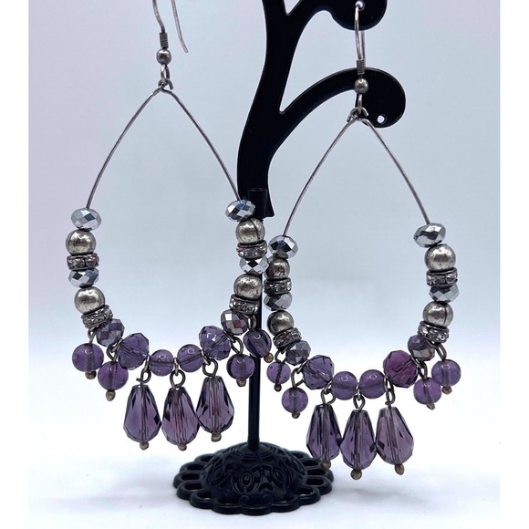 Source Unknown Jewelry - Amethyst Color Beaded Hoop Earrings Silver Tone Dangle 3" Boho Chic